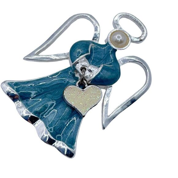 Angle Brooch Silver Tone Blue Swirl Enamel Heart Charm Faux Pearl Halo Wings - Picture 4 of 10